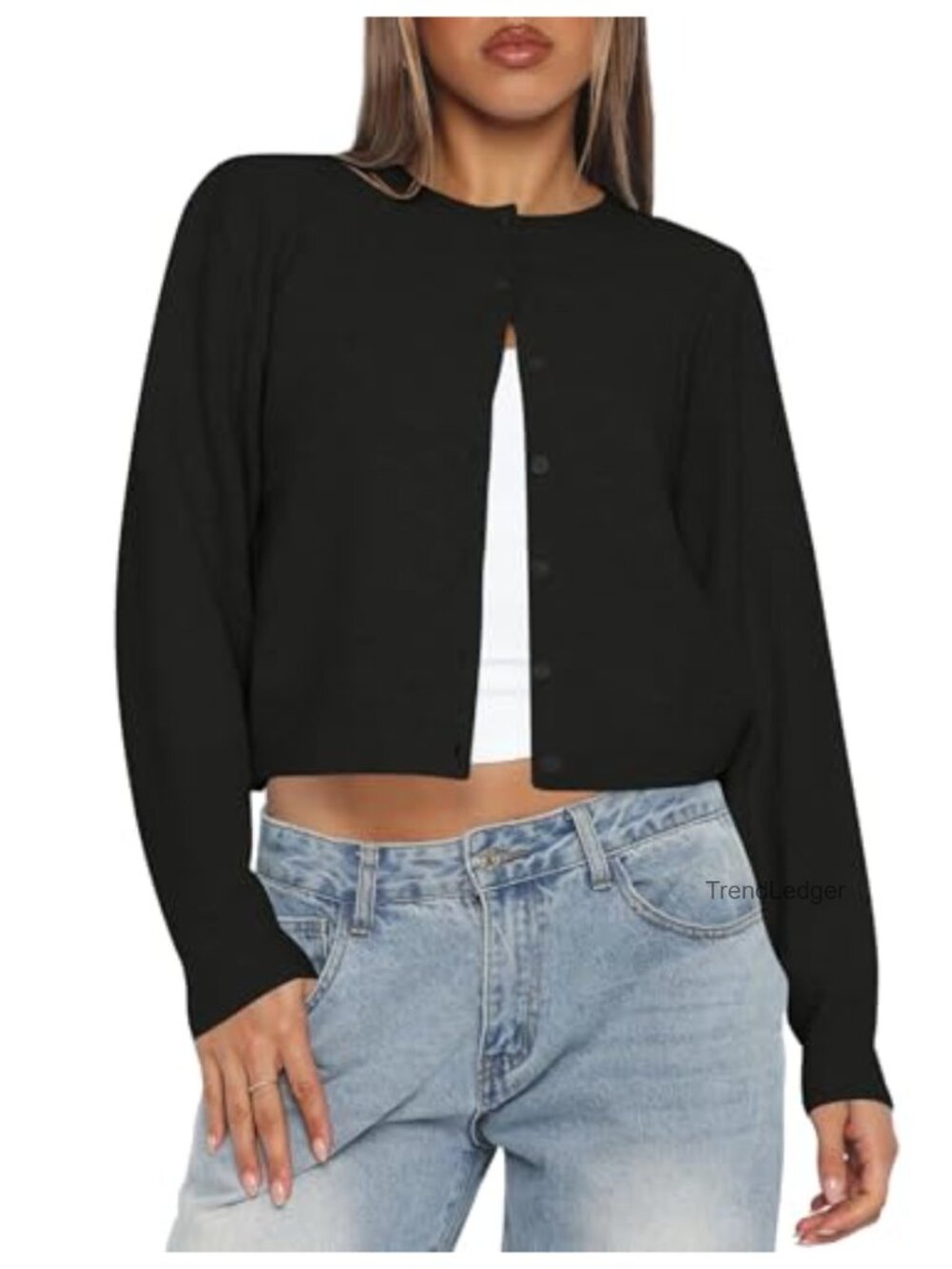 Lightweight Cropped Knit Cardigan Sweater Button Up Long Sleeve